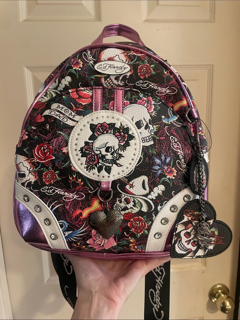Ed Hardy Metallic Pink & Tattoo backpack